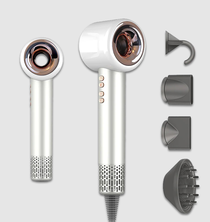 White hair dryer with copper ring nozzle and diffuser plus concentrator attachments