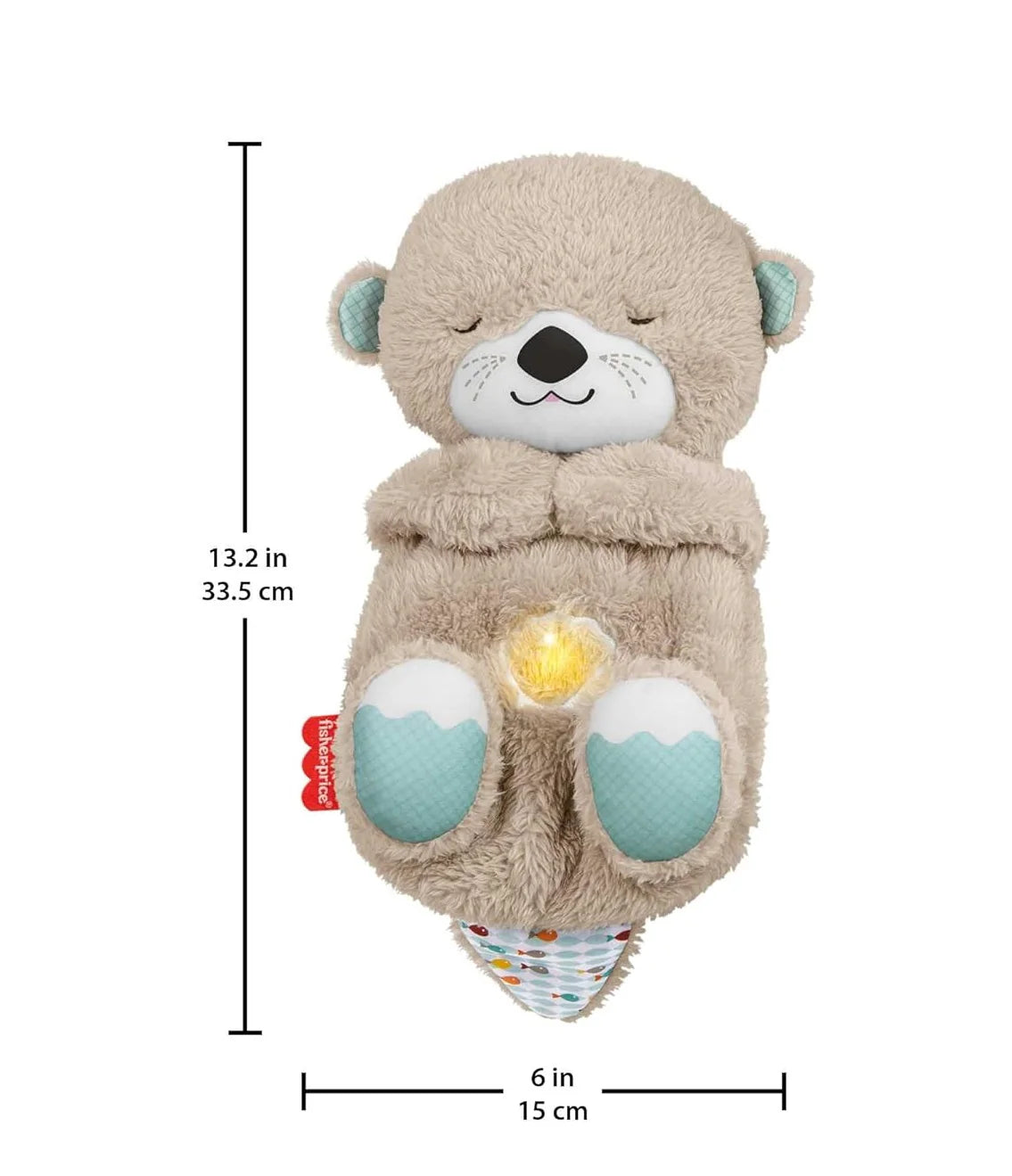 Soothing plush bear doll in light gray, blue paw accents, warm glow in belly