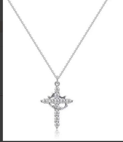 Silver-tone cross pendant necklace with pave stones on a thin Y-style chain