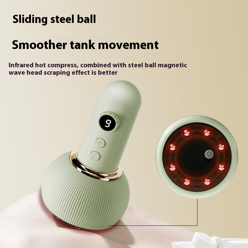 Electric body massage brush with pale green handle and circular massage head with red light dots