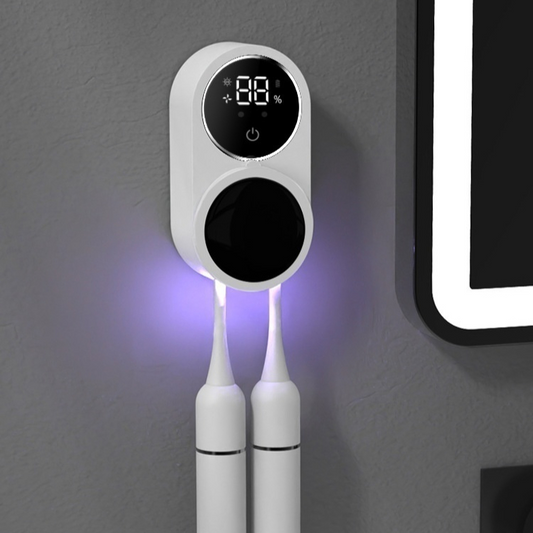 White UV toothbrush sanitizer holder with round digital display and two slots