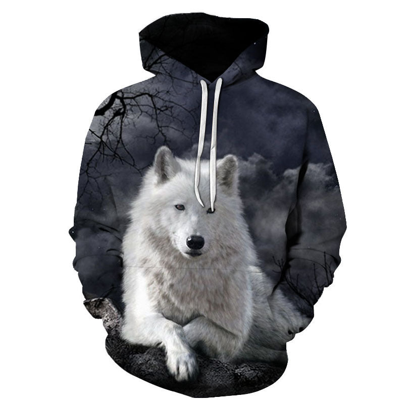 Black hooded baseball jacket with white wolf graphic, front hood, and white drawstring