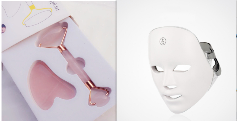LED face mask set with light roller tool close-up and a white mask front view