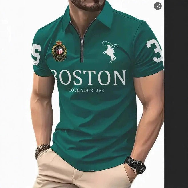 Men's zip-up polo shirt, teal green with Boston graphic and white zipper placket