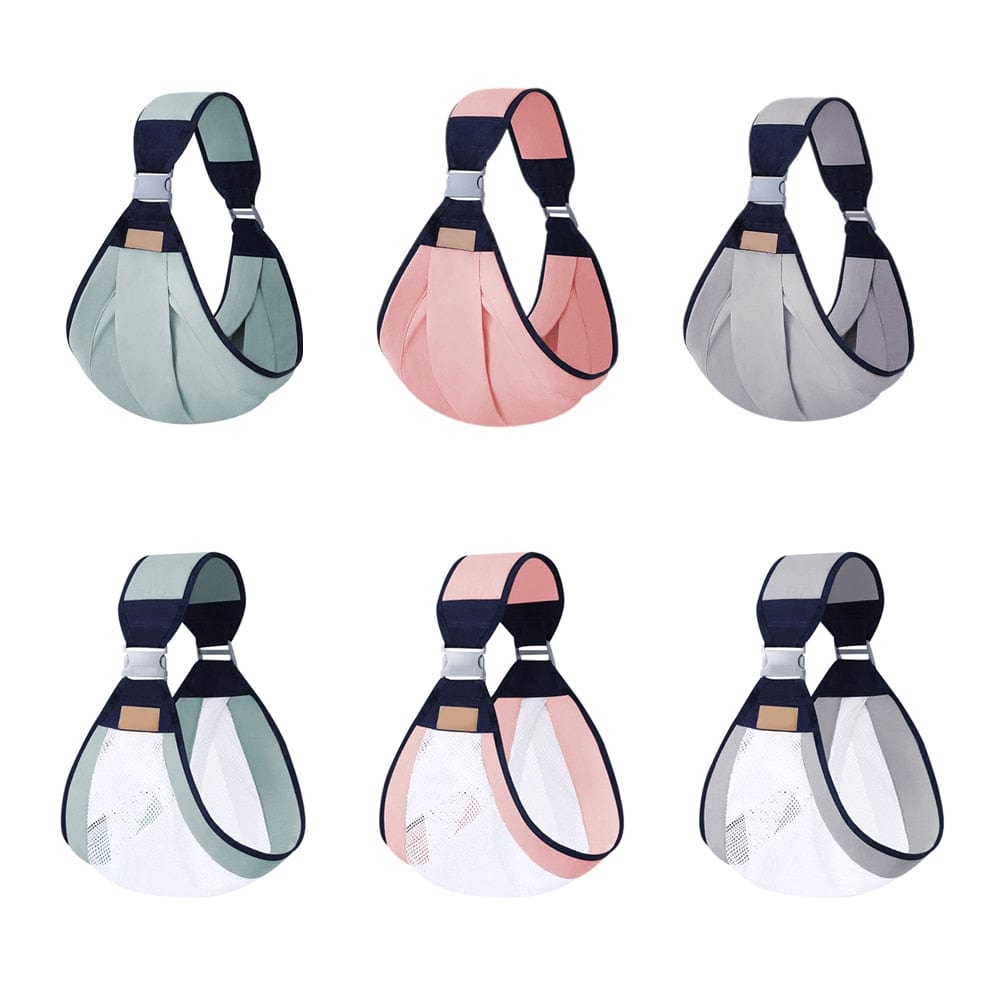 Adjustable baby shoulder carrier sling color options: mint, pink, and gray with navy straps.