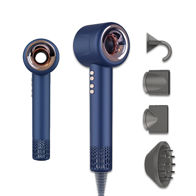 Navy hair dryer with rose-gold nozzle; concentrator, styling, and diffuser attachments