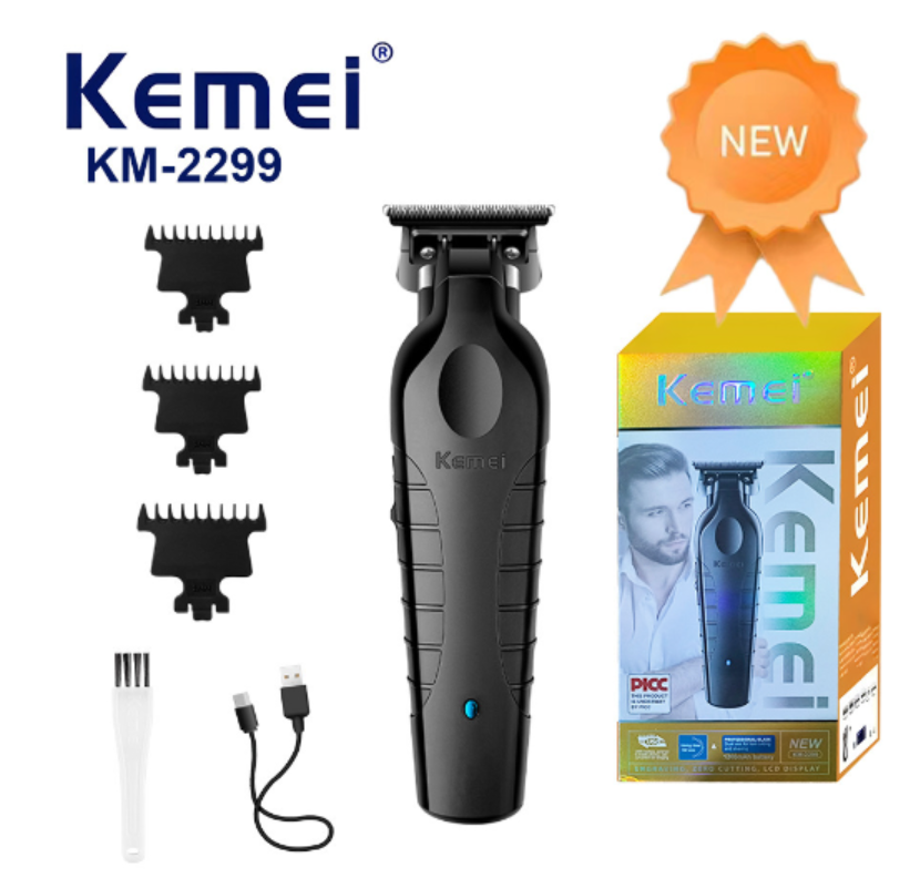 Electric hair clipper with guard combs, charging cable, and retail box