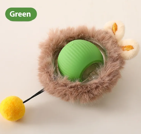 Self-rolling plush cat toy ball with green inner shell, beige fur cover, and yellow charm
