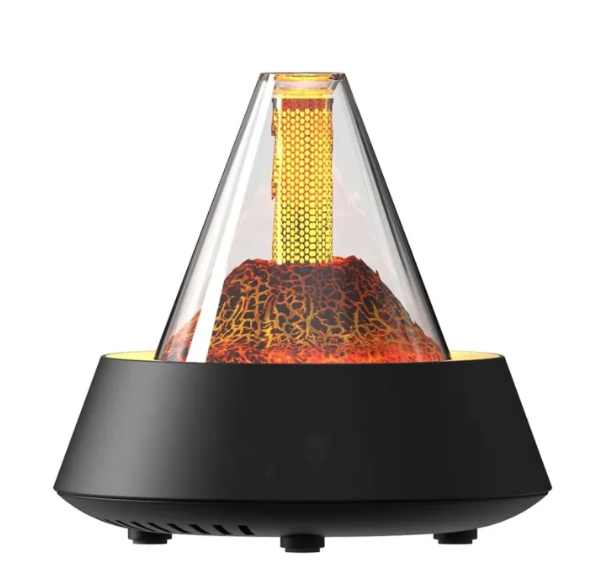 Black humidifier with glowing amber core under a clear cone cover