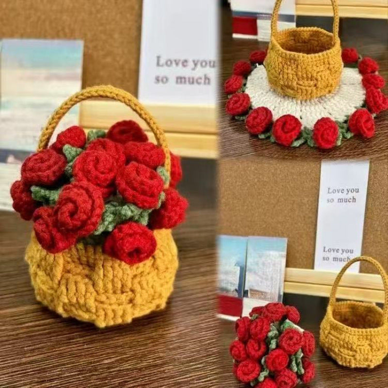 Crocheted rose basket decor with red rose cluster and yellow crocheted base
