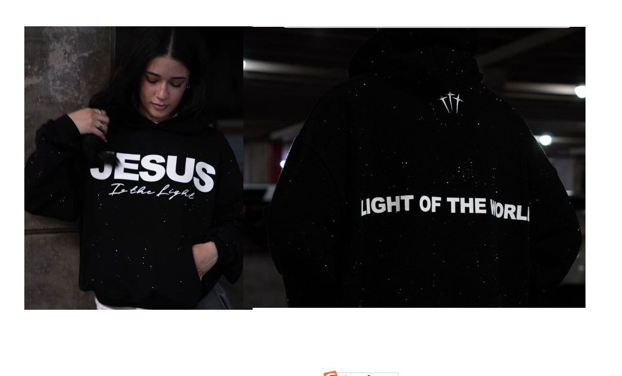 Black pullover hoodie shown front and back, with “JESUS” on front and “LIGHT OF THE WORLD” on back