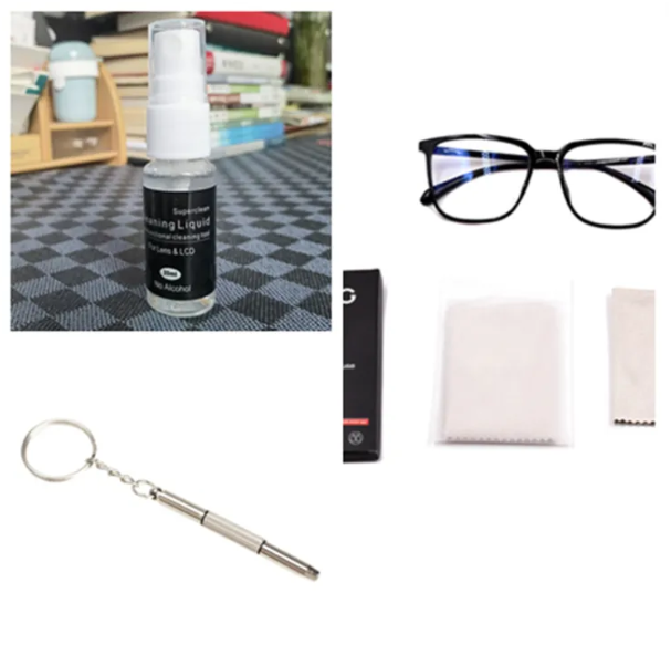 Camera lens cleaner kit: spray bottle, eyeglasses, microfiber cloth, metal cleaning tool