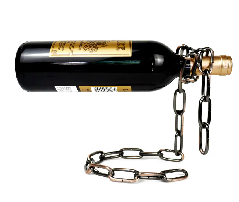 Wine bottle chain holder with dark bottle and mixed metal-toned chain links