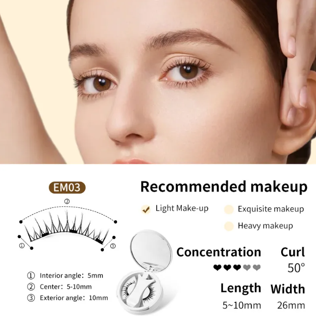 Magnetic false eyelashes set diagram for EM03 style with open case and lash band