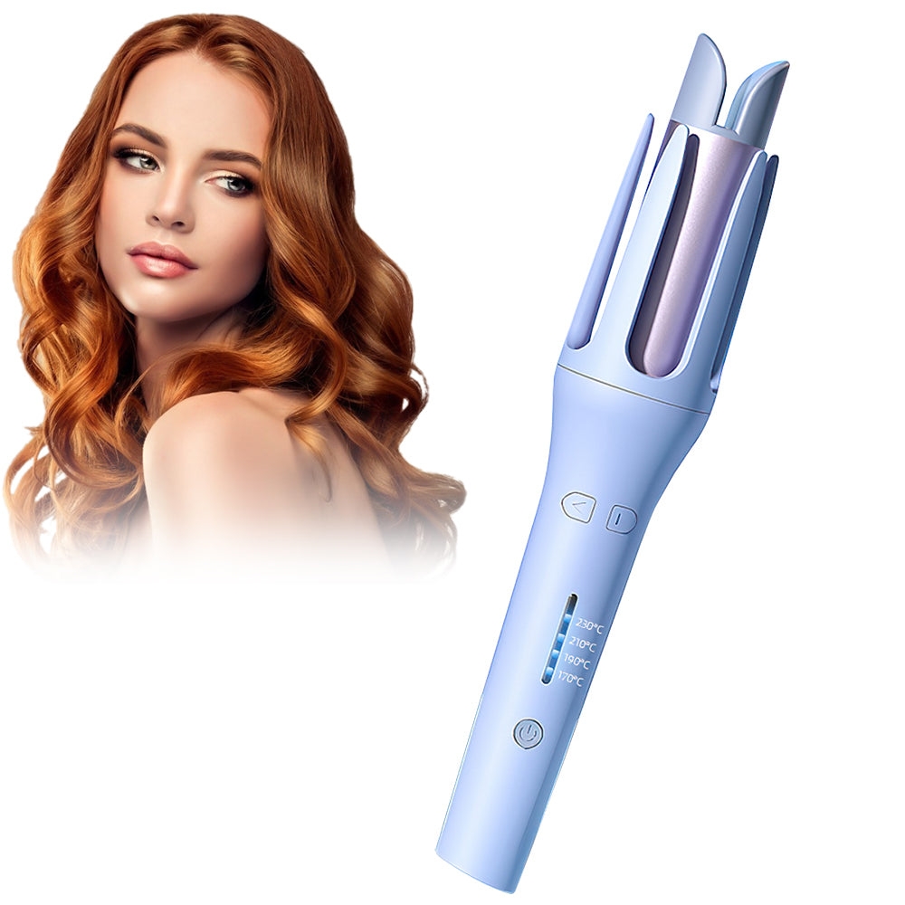 Light blue automatic electric hair curler with rotating barrel and prongs