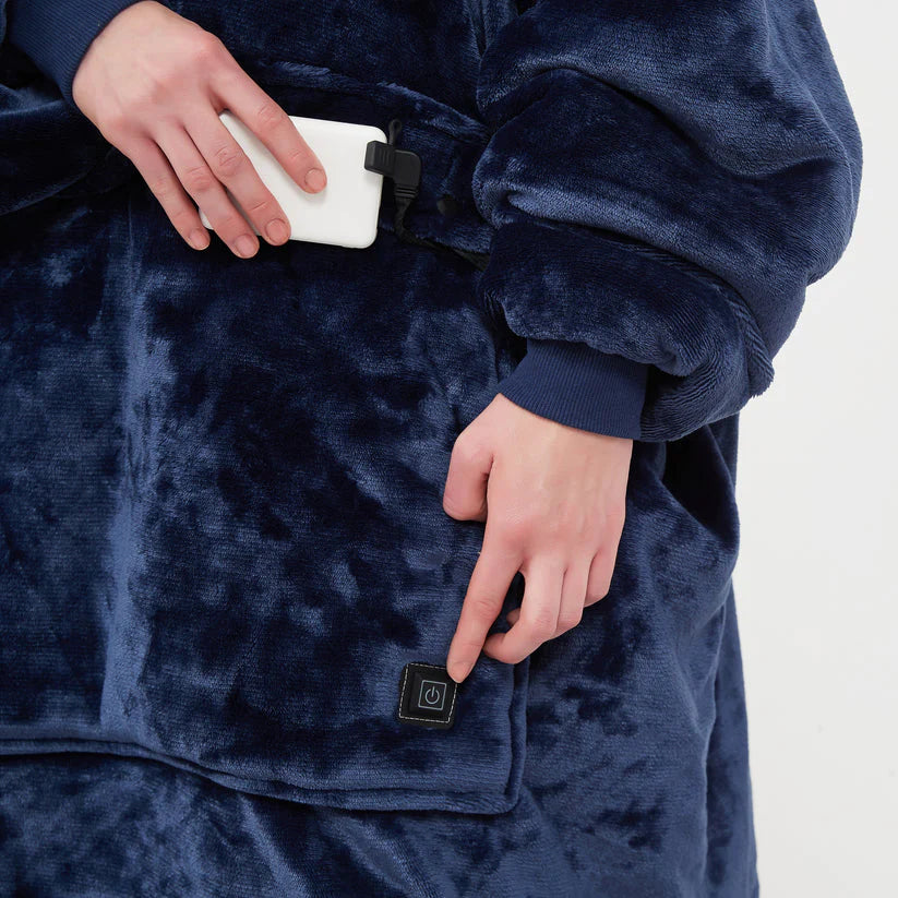 Heated hoodie blanket with hood, dark navy plush; pocket with controller button