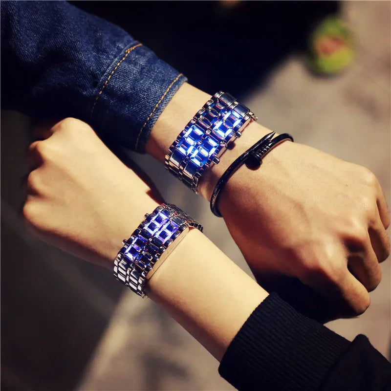 LED lava flow watch pair with blue LED displays on metal wrist bands