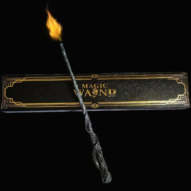 Magic wand toy with braided dark handle and flame effect near the tip