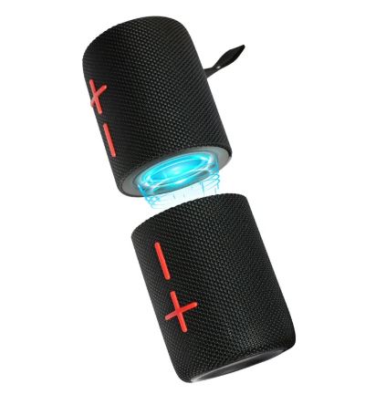 Black portable speaker set with textured fabric, split design, and red indicator marks