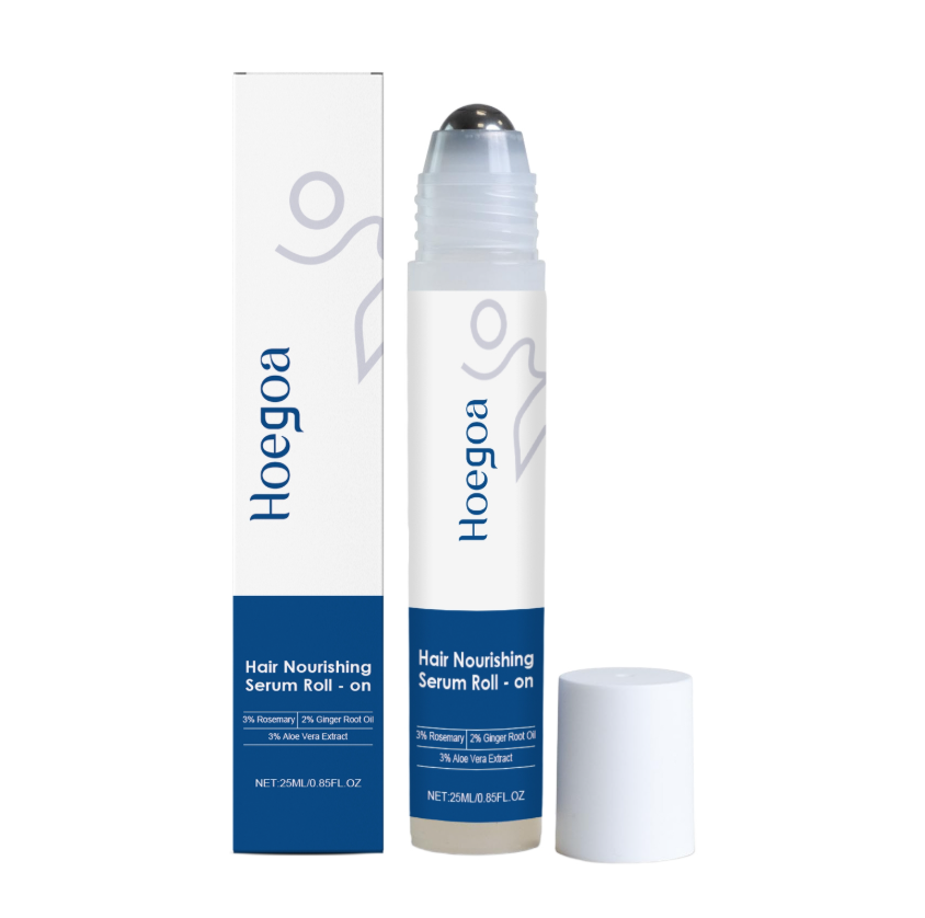 Hair nourishing serum roll-on bottle with cap and matching box, white and blue.