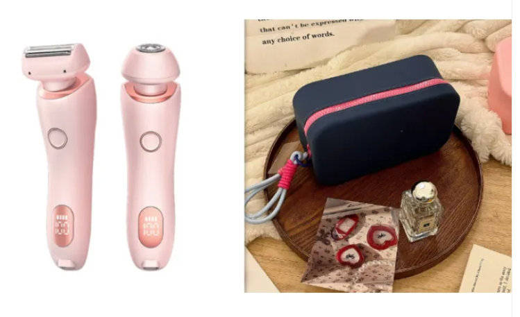 Electric duo body shaver set in pink, with dark blue zip travel case
