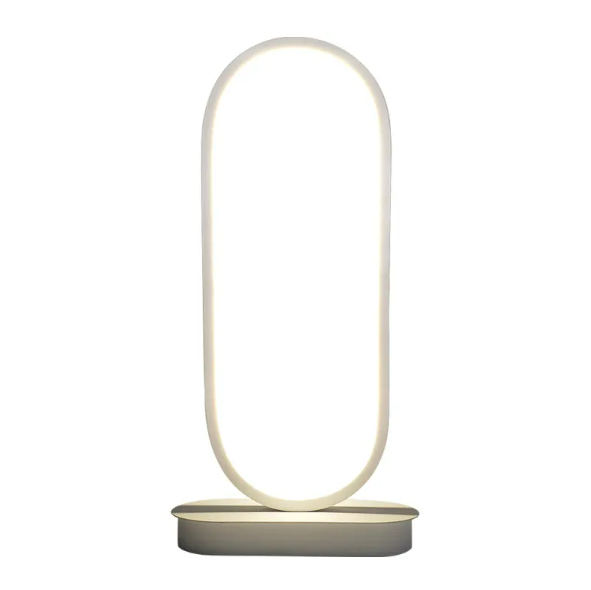 White oval LED table lamp with vertical glowing light strip and gold-toned base