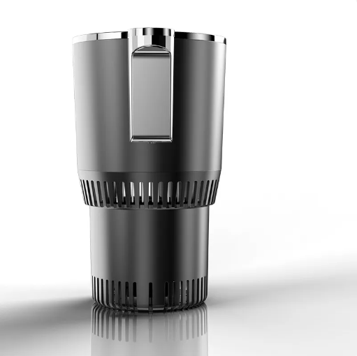 Car cup warmer cooler, dark gray exterior with gray side module, front view