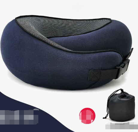 Ergonomic travel neck pillow, dark blue with patterned neck panel and strap