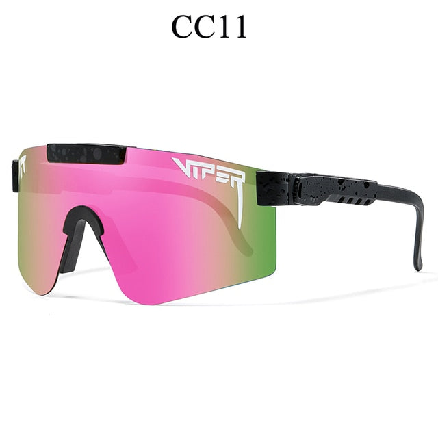 Women’s sport sunglasses with pink mirrored lens and speckled black frame temples