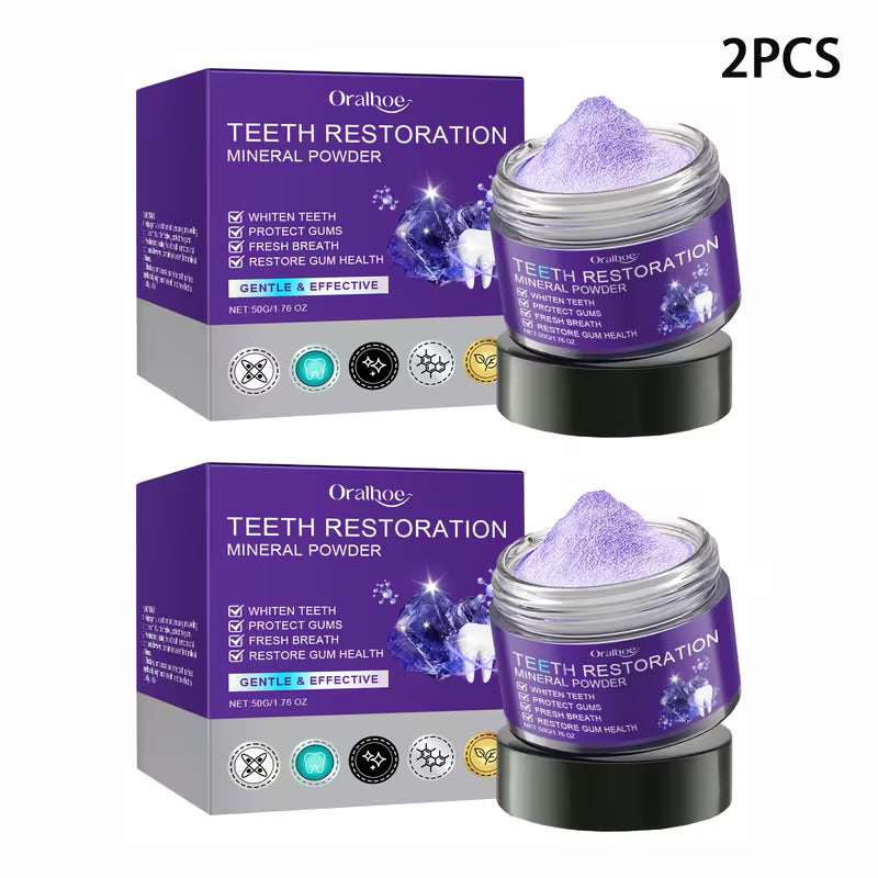 Two-piece teeth restoration mineral powder set with two purple jars and boxes.