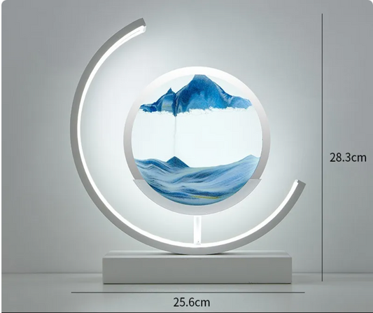 Chinese-style glass hourglass table lamp with illuminated round glass disc, blue landscape, white ring