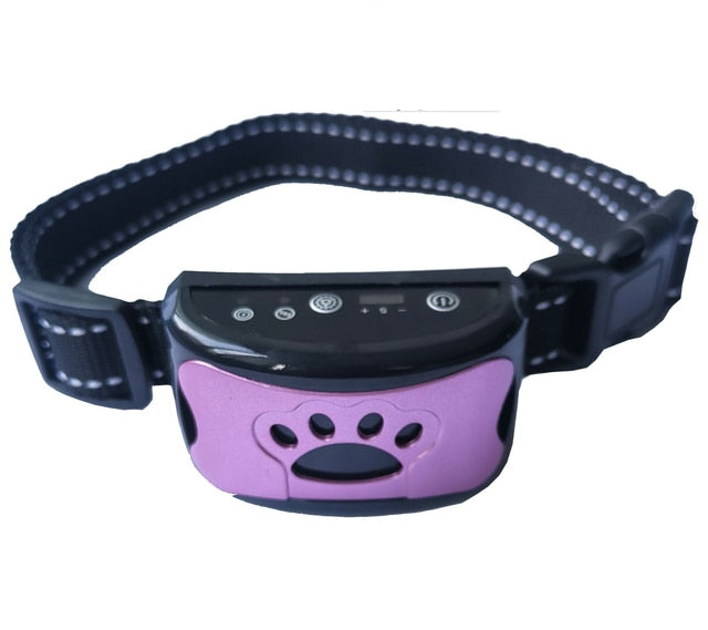 Purple dog training collar receiver with paw design and black strap