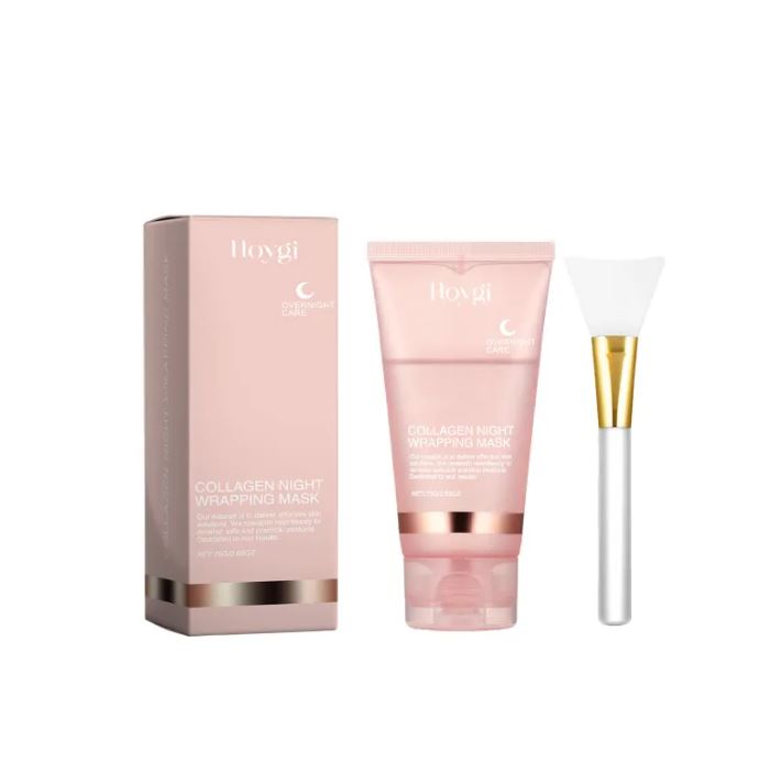 Collagen night wrapping mask box, tube, and white-gold applicator brush
