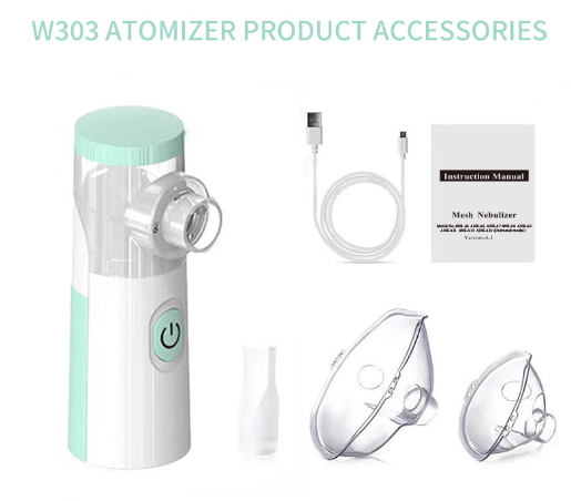 White mesh nebulizer with mint cap, cups, USB cable, and instruction manual.