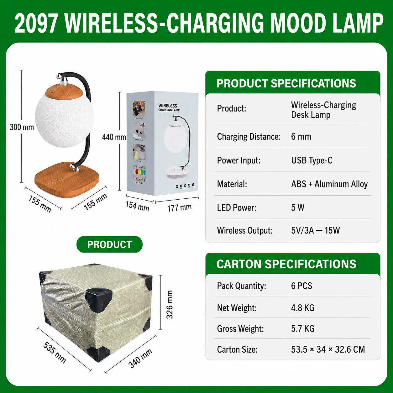 Wireless-charging moon lamp technical diagram with power, output, and carton specs.