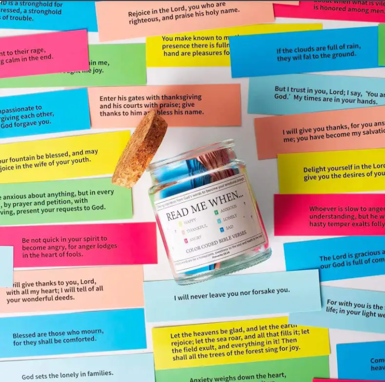 Colorful Bible verse cards printed with scripture text in multiple blocks
