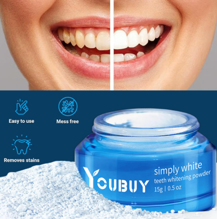 YouBUY simply white teeth whitening powder jar with before-and-after smile teeth panel
