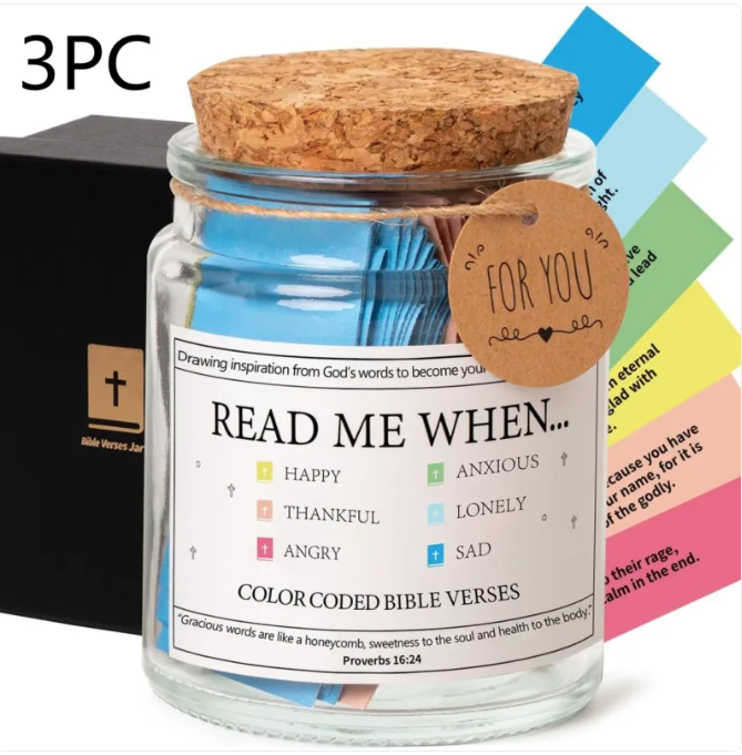 Glass scripture card jar with cork lid, “READ ME WHEN...” label and “FOR YOU” tag.