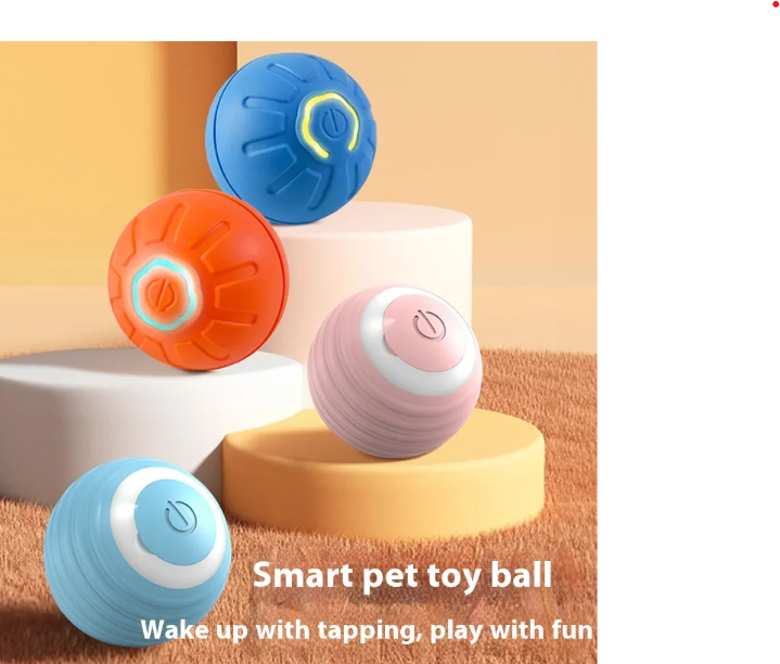 Smart pet toy ball set on steps: blue, orange, and pink with LED glow rings