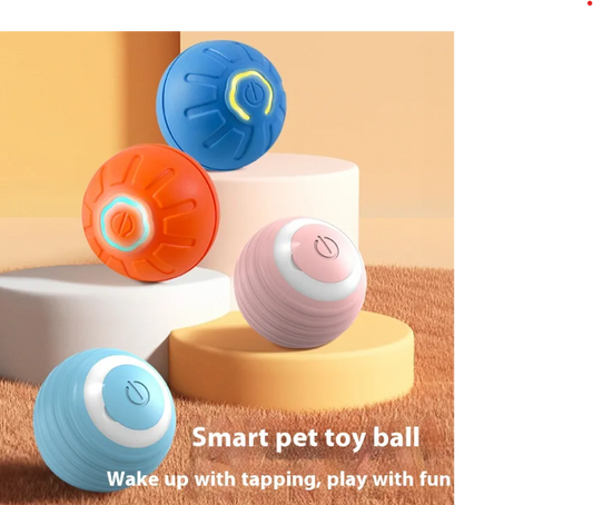 Smart pet toy ball set on steps: blue, orange, and pink with LED glow rings