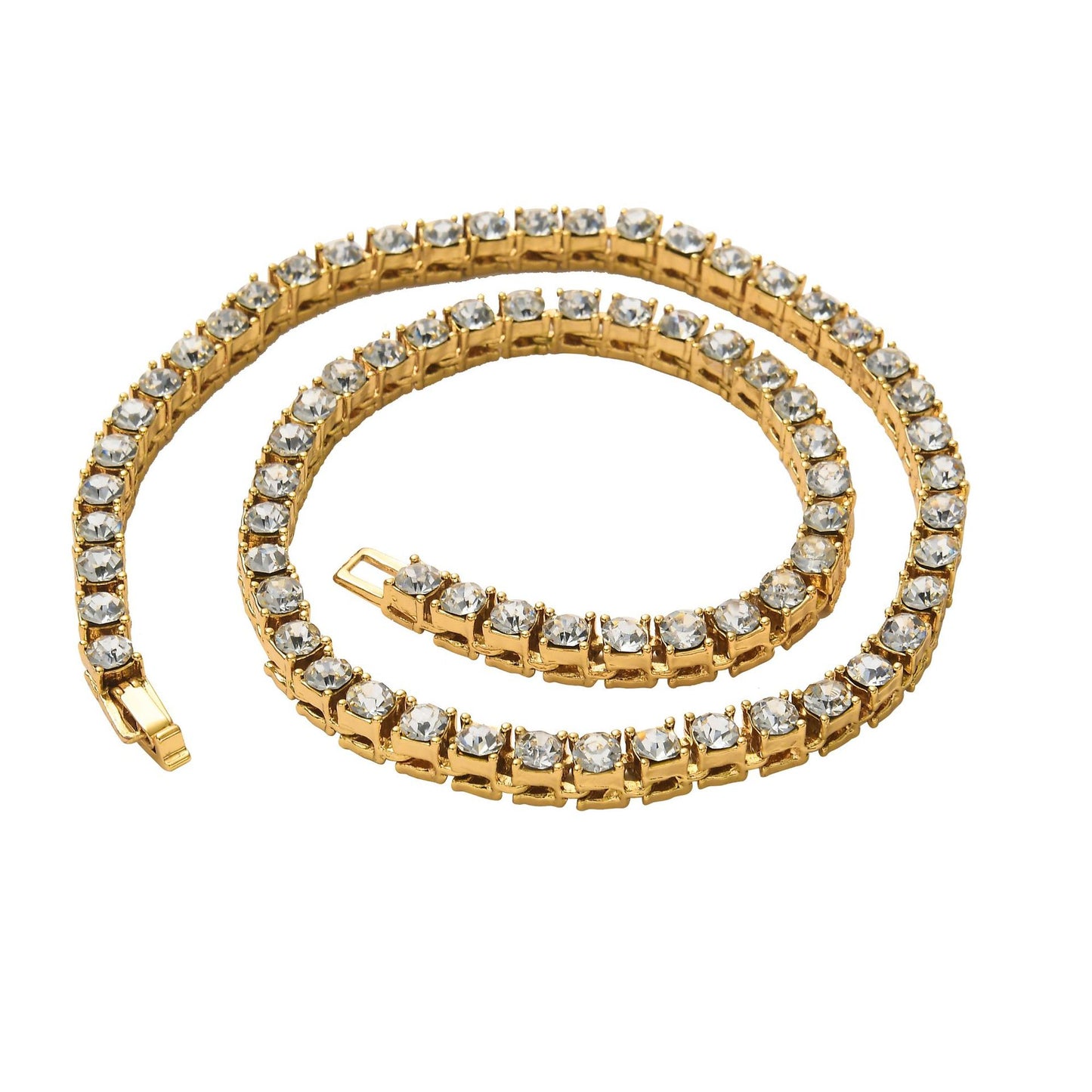 Gold diamond-cut tennis link necklace with clear stones and small clasp detail