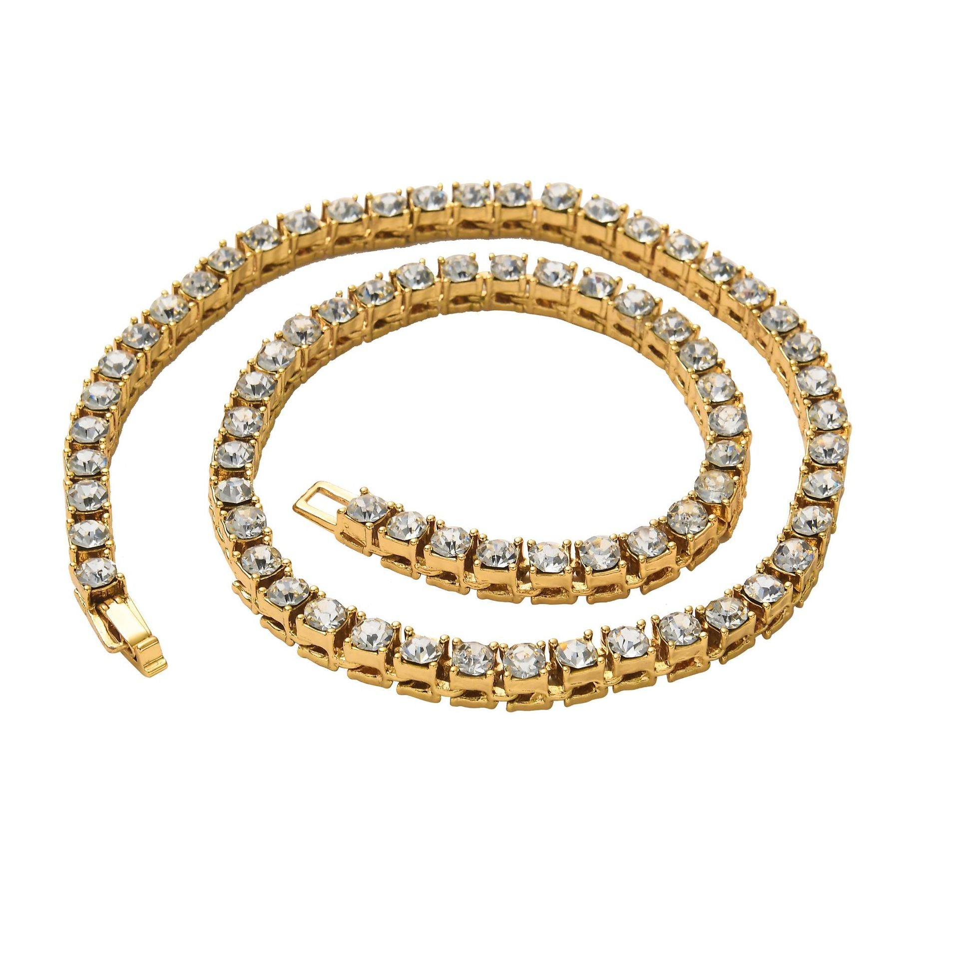 Gold diamond-cut tennis link necklace with clear stones and small clasp detail