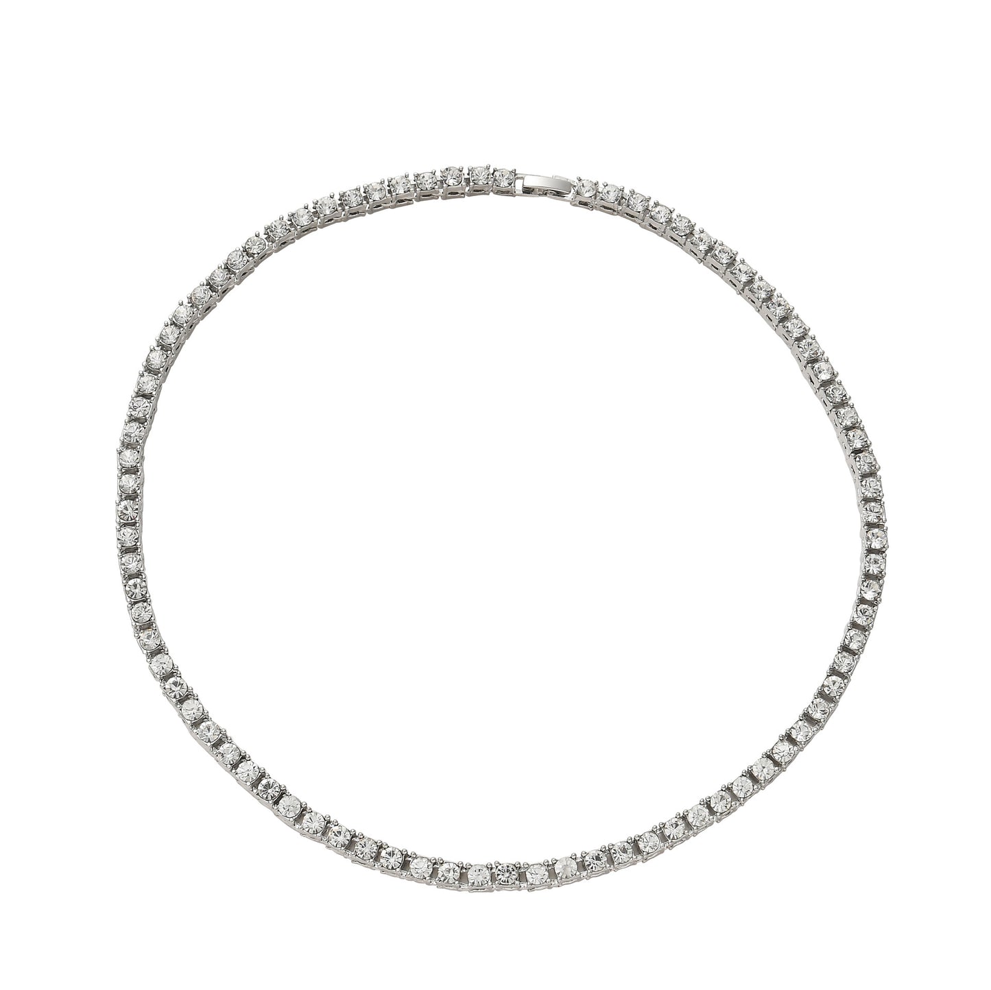 Silver diamond-cut tennis link bracelet with clear stones, full round view