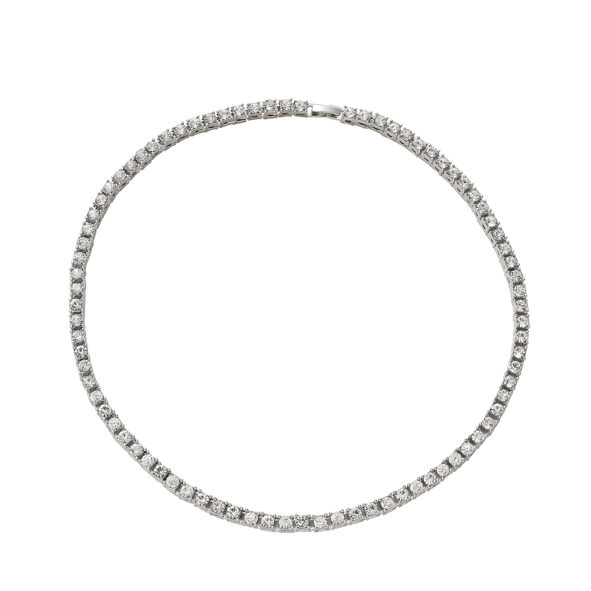 Silver diamond-cut tennis link bracelet with clear stones, full round view