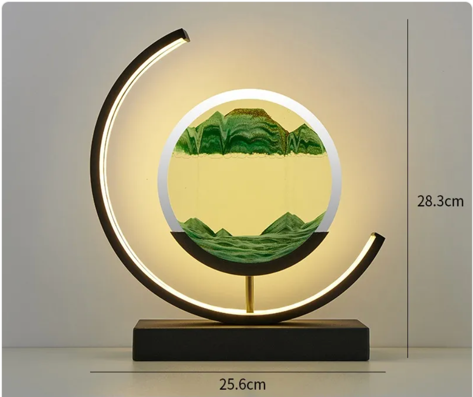 Chinese-style glass hourglass table lamp with warm glow LED ring and green landscape core