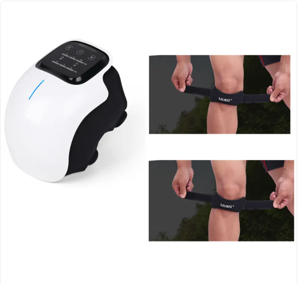 Knee massager unit with black strap fastened on a leg, plus control panel view