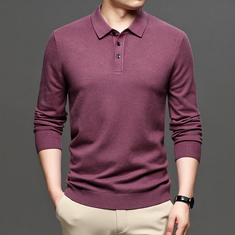 Burgundy knit polo sweater with button placket and ribbed hem and cuffs