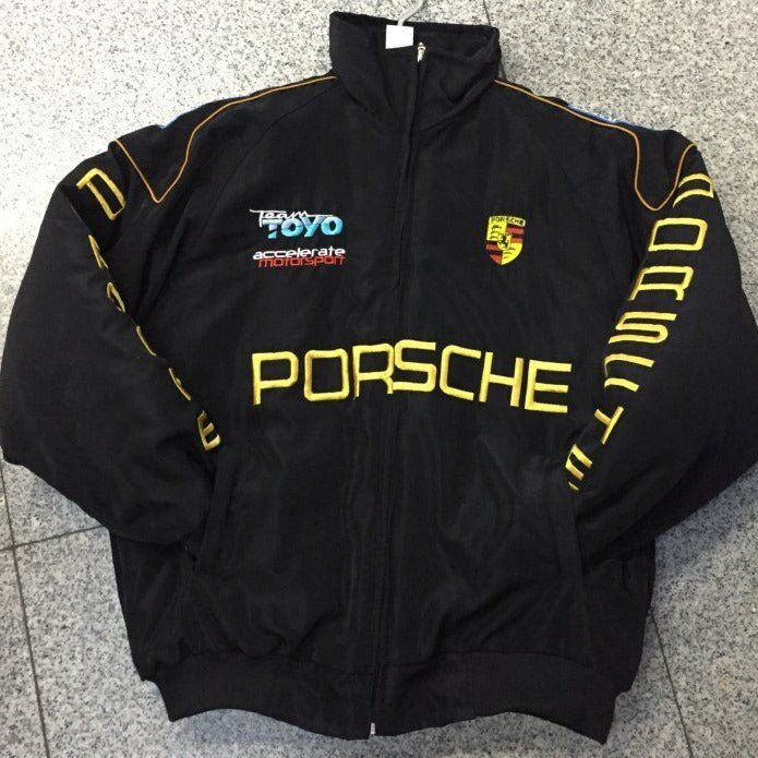 Men's black bomber jacket with Porsche logo and yellow trim, front zipper and rib cuffs