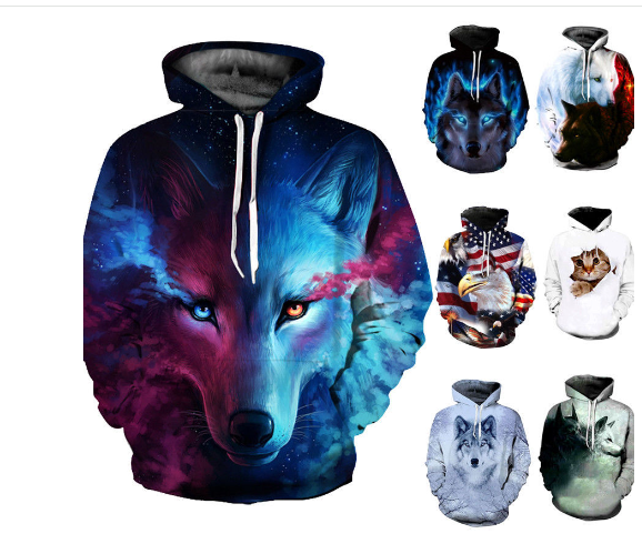 Set of wolf-print pullover hoodies with varied colors shown together