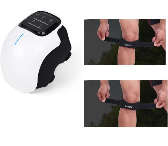 Electric knee massager with adjustable wrap, white device and strap on leg